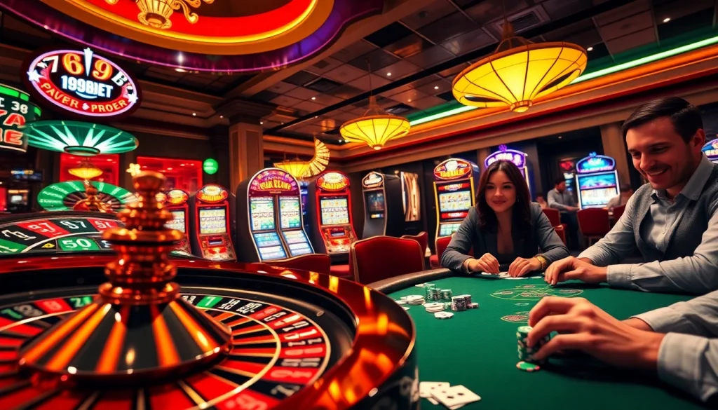 Experience the electrifying atmosphere of 789BET's casino, featuring a bustling roulette table, exciting slot machines, and enthusiastic players.