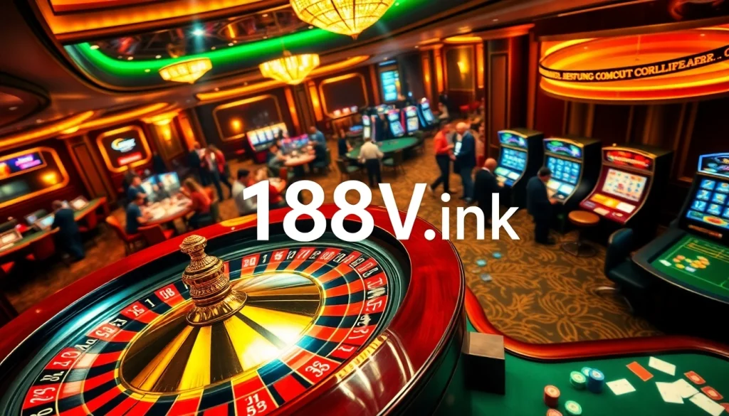 Experience the thrill of gambling at https://188v.ink/ with players at a roulette wheel and poker table.
