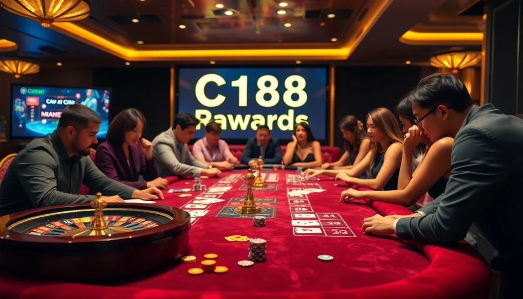 Players at a casino table experiencing C168 Casino Rewards excitement with poker chips and vibrant roulette wheels.