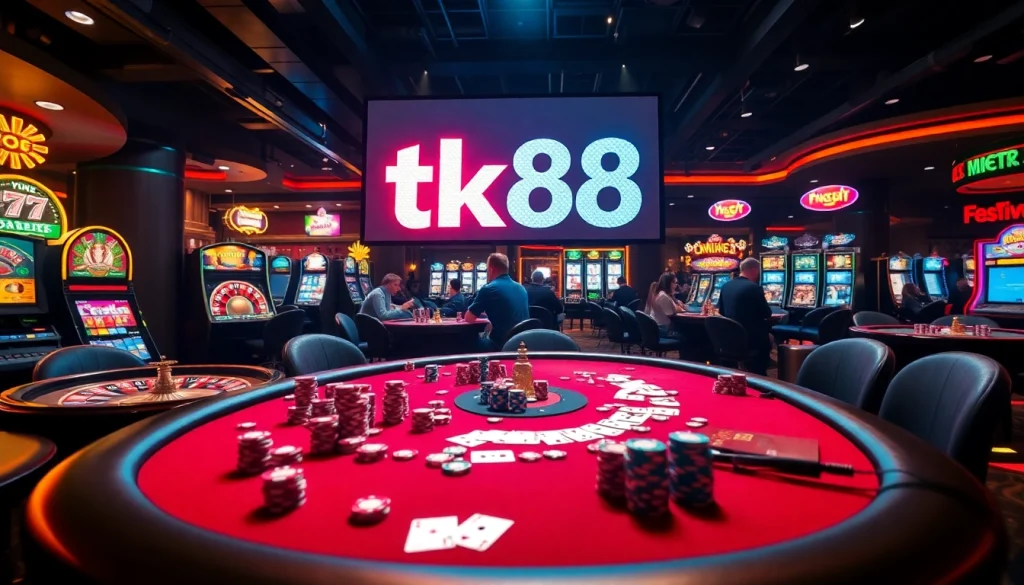 Dive into the excitement of tk88 as players strategize at a live poker table amid a luxurious casino setting.