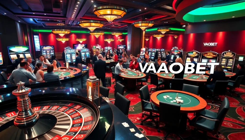 Immerse in a thrilling gambling scene at VAOBET casino, featuring intense roulette action and vibrant slot machines.