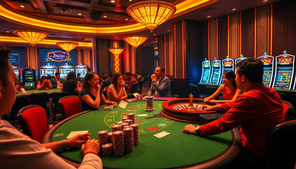 Experience the thrill of betting at 13win casino with poker tables and vibrant slot machines.