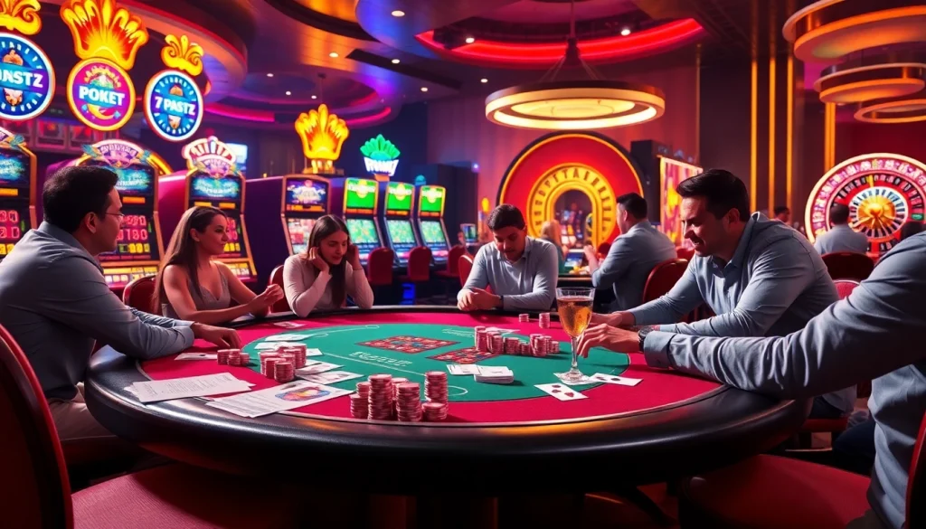 Experience the thrill at 79king9 with a lavish casino scene featuring poker games and vibrant slot machines.