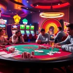 Experience the thrill at 79king9 with a lavish casino scene featuring poker games and vibrant slot machines.