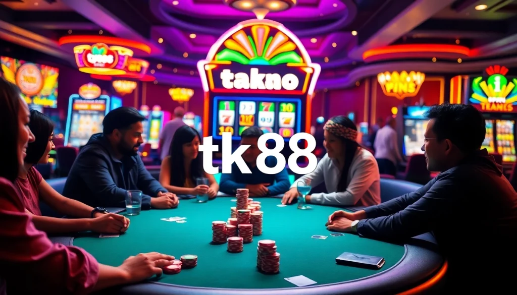 tk88 gambling scene highlighting an intense poker game with colorful chips and vibrant casino ambiance.