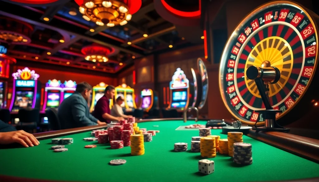Experience GO8 thrill at a poker table with colorful chips and players immersed in a casino atmosphere.