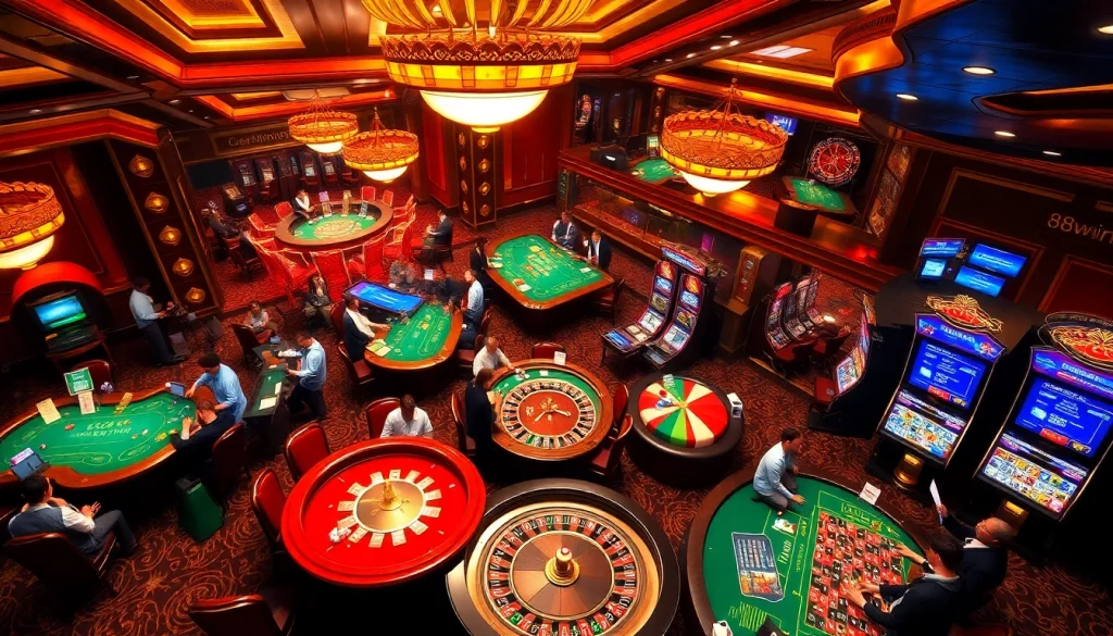 Experience the excitement of 98win9 with players at lively casino tables enjoying poker, roulette, and slots.