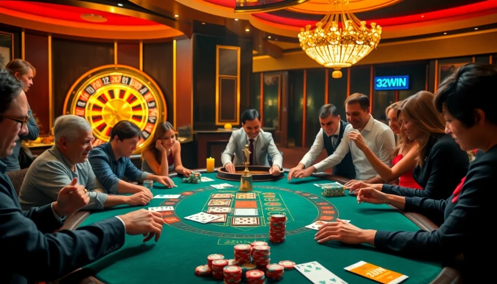 32WIN casino scene featuring enthusiastic players at a blackjack table, vibrant chips, and an exciting roulette wheel.