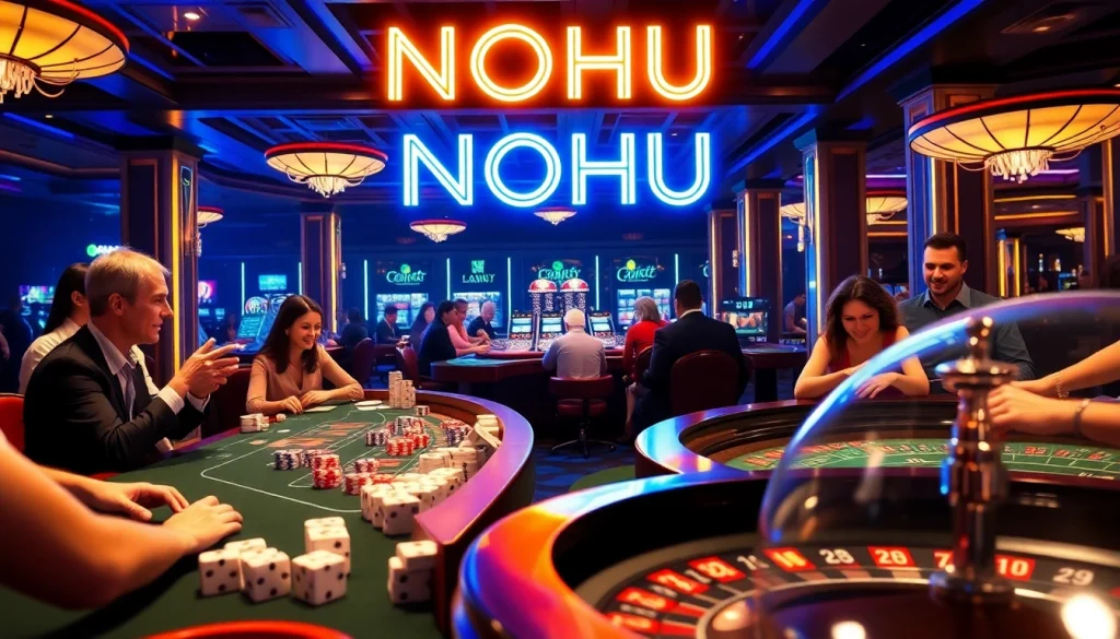 NOHU neon sign illuminating an exciting casino atmosphere, showcasing players at card tables and vivid roulette wheels.
