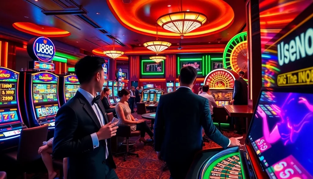 Experience U888's vibrant casino atmosphere with players enjoying thrilling games and colorful slots.