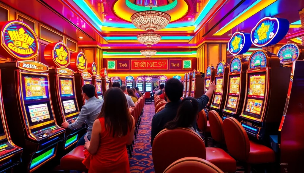 Players experiencing the thrill of nổ hũ in a dazzling casino, celebrating big jackpots.