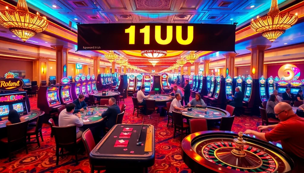 Experience the excitement of 11UU at this vibrant casino with players enjoying blackjack and roulette action.