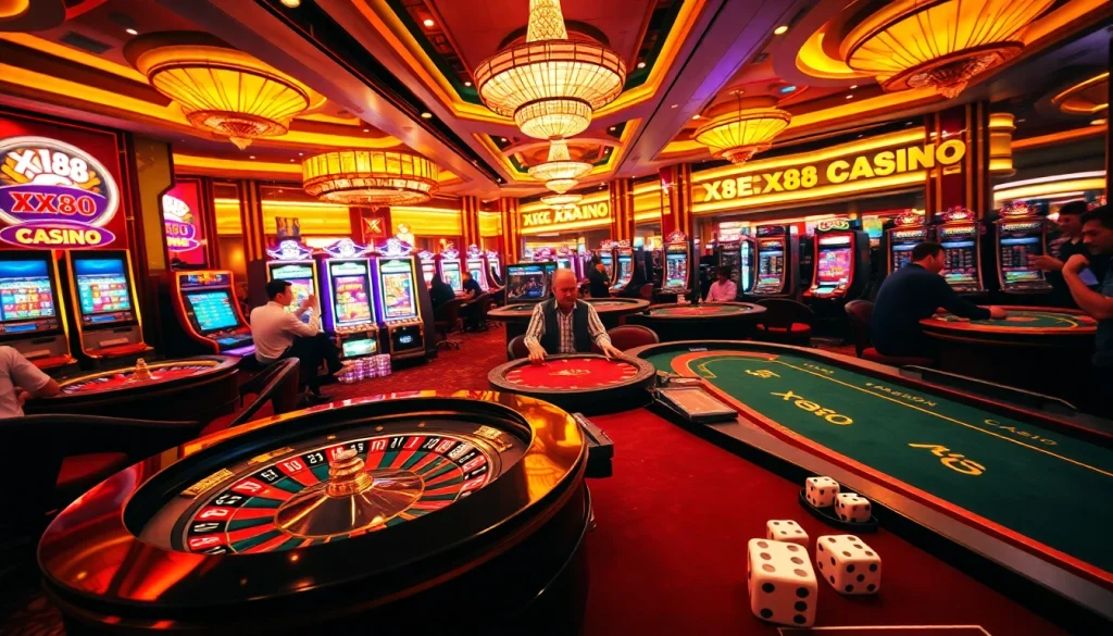 Experience the thrill of XX88 Casino with vibrant gaming tables, players engaged, and flashing slot machines.