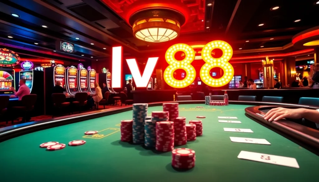 Experience the thrill of lv88 at a vibrant casino table with chips, cards, and players.