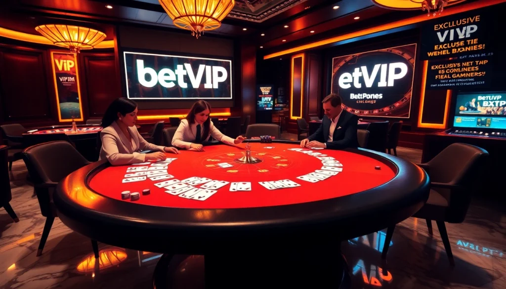 Engaged players at BetVIP’s exclusive blackjack table in a luxurious casino setting.