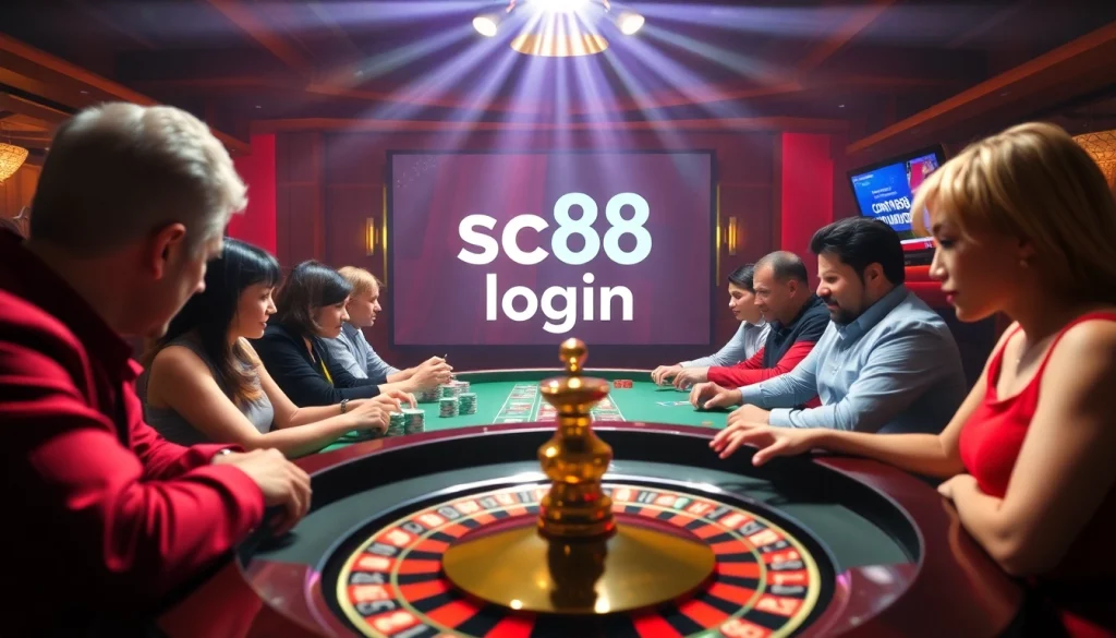 sc88 login at a lively casino with players at a roulette table, vibrant atmosphere, engaging gaming experience.