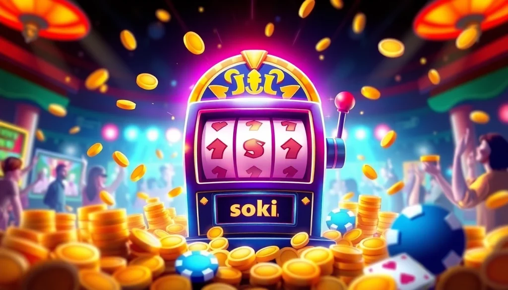 Exciting slot hoki gaming scene with vibrant slot machine and cheerful atmosphere.