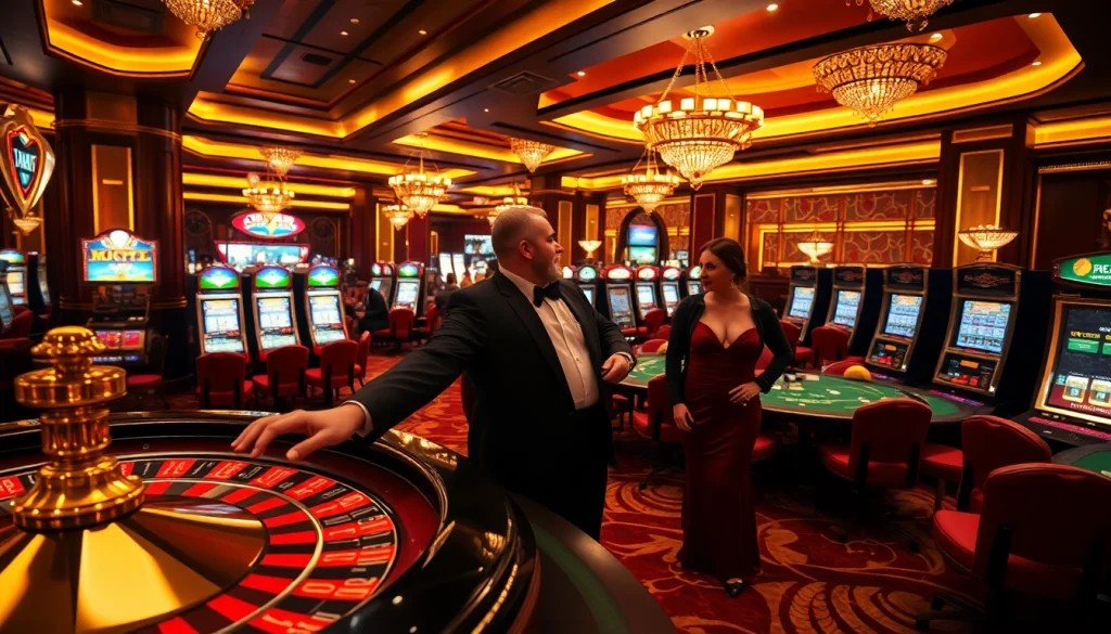 VAOBET casino scene featuring players at a blackjack table amidst vibrant slot machines.
