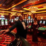 VAOBET casino scene featuring players at a blackjack table amidst vibrant slot machines.